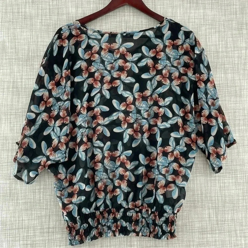 Black Rainn Floral Chiffon Pullover Scoop neck 1/2 Sleeve Elastic Hem Women's L - Picture 3 of 11